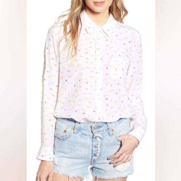 Rails Kate White and Red Star Silk Button Down Shirt with Classic Collar Small - Picture 1 of 7